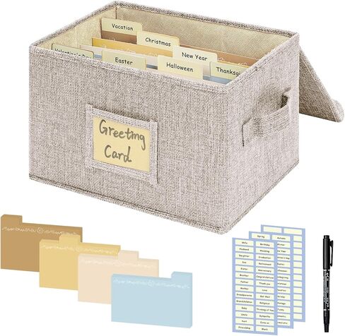 Greeting Card Organizer, Card Organizer Box with 20 Dividers, 84 Label Stickers, and 1 Marker, Stylish Greeting Card Storage Box for Effortlessly Collecting Greeting Cards. 1 Pack, Beige in Kuwait