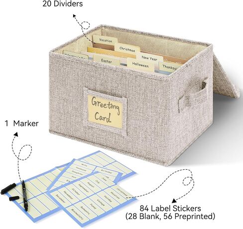 Greeting Card Organizer, Card Organizer Box with 20 Dividers, 84 Label Stickers, and 1 Marker, Stylish Greeting Card Storage Box for Effortlessly Collecting Greeting Cards. 1 Pack, Beige in Kuwait