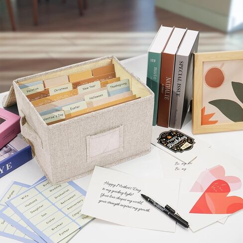 Greeting Card Organizer, Card Organizer Box with 20 Dividers, 84 Label Stickers, and 1 Marker, Stylish Greeting Card Storage Box for Effortlessly Collecting Greeting Cards. 1 Pack, Beige in Kuwait