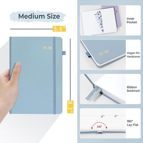 SUNEE 2025-2026 Weekly & Monthly Hardcover Planner 5.5" x 8.3" - 12 Month (July 2025 - June 2026), Small Academic Year Calendar Planner, Pocket, Notes, 100 GSM Paper, Gray Blue in Saudi Arabia