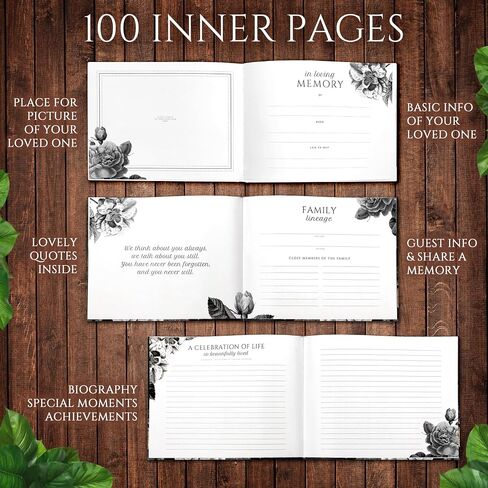 كتاب ضيوف جنازة الأزهار السوداء الأنيقة-95 صفحة ، غلاف وصفحة مختوم الذهب لإضافة صورة-مع قاعدة فضية وقاعدة أكريليك-دفتر إيصال التذكاري للجنازات والاحتفالات بالحياة والتعازي in Saudi Arabia