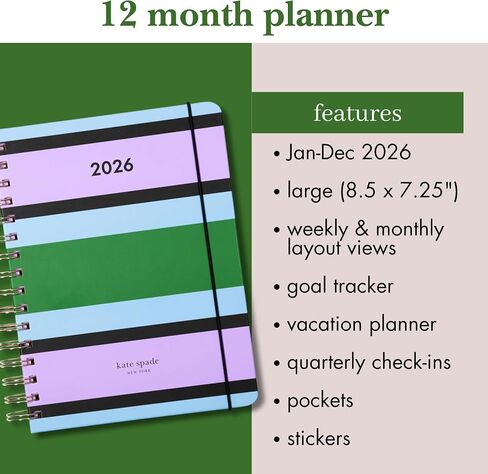 kate spade new york Daily Planner 2026 Large Agenda January-December 2026, Hardcover Weekly and Monthly Spiral Planner with Stickers (Downtown Stripe) in Saudi Arabia
