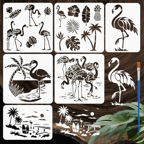 FINGERINSPIRE 6 PCS Flamingos Scenes Stencil for Painting with Brush 2 Sizes Reusable Animal Birds Sea Template Hollowed Coco Flower Pineapple Stencil Plastic PET Animal Theme Template for DIY Decor in Saudi Arabia