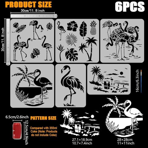 FINGERINSPIRE 6 PCS Flamingos Scenes Stencil for Painting with Brush 2 Sizes Reusable Animal Birds Sea Template Hollowed Coco Flower Pineapple Stencil Plastic PET Animal Theme Template for DIY Decor in Saudi Arabia