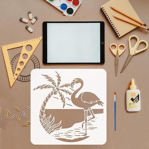 FINGERINSPIRE 6 PCS Flamingos Scenes Stencil for Painting with Brush 2 Sizes Reusable Animal Birds Sea Template Hollowed Coco Flower Pineapple Stencil Plastic PET Animal Theme Template for DIY Decor in Saudi Arabia