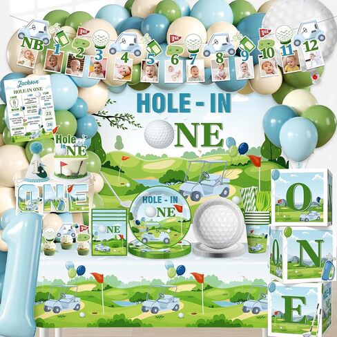 Hole in One Birthday Decorations, One-stop Golf Theme Set Includes 40 Sturdy 300gsm Golf Plates Waterproof Tablecloths Backdrop and 102 Balloons for Hole in One Birthday in Saudi Arabia