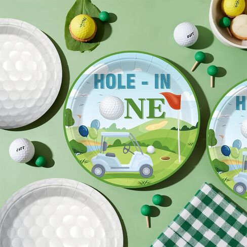 Hole in One Birthday Decorations, One-stop Golf Theme Set Includes 40 Sturdy 300gsm Golf Plates Waterproof Tablecloths Backdrop and 102 Balloons for Hole in One Birthday in Saudi Arabia