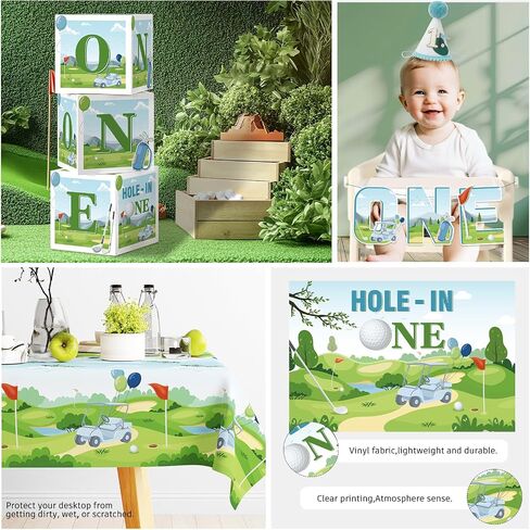 Hole in One Birthday Decorations, One-stop Golf Theme Set Includes 40 Sturdy 300gsm Golf Plates Waterproof Tablecloths Backdrop and 102 Balloons for Hole in One Birthday in Saudi Arabia