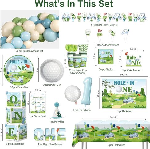 Hole in One Birthday Decorations, One-stop Golf Theme Set Includes 40 Sturdy 300gsm Golf Plates Waterproof Tablecloths Backdrop and 102 Balloons for Hole in One Birthday in Saudi Arabia
