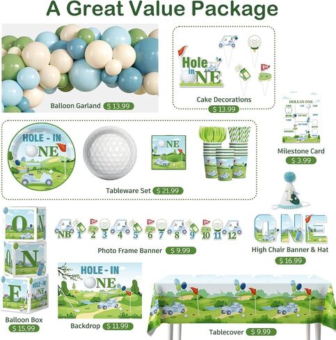 Hole in One Birthday Decorations, One-stop Golf Theme Set Includes 40 Sturdy 300gsm Golf Plates Waterproof Tablecloths Backdrop and 102 Balloons for Hole in One Birthday in Saudi Arabia
