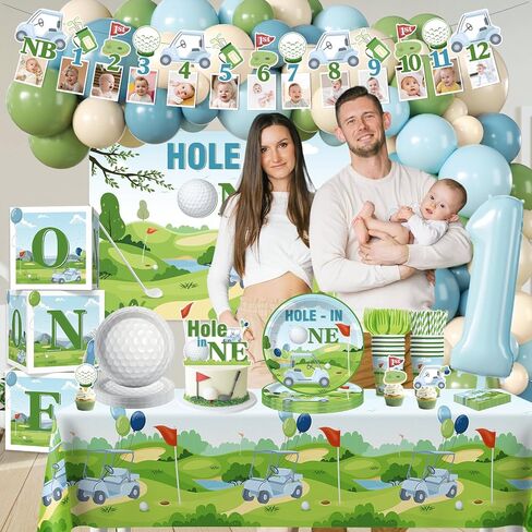 Hole in One Birthday Decorations, One-stop Golf Theme Set Includes 40 Sturdy 300gsm Golf Plates Waterproof Tablecloths Backdrop and 102 Balloons for Hole in One Birthday in Saudi Arabia