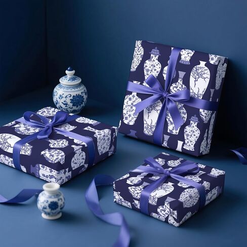 ملفوفات غلاف زنجبيل غلاف زنجبيل التفاف - لفة صغيرة - 17 بوصة × 16.5 قدم - ورقة تغليف chinoiserie الأزرق والأبيض مثالية لعيد الميلاد ، الزفاف ، دش الزفاف in Saudi Arabia