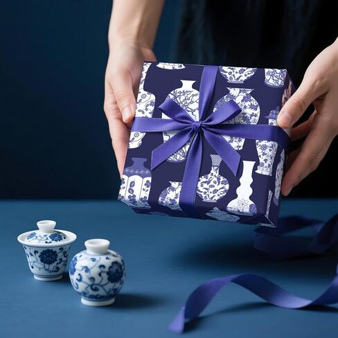 ملفوفات غلاف زنجبيل غلاف زنجبيل التفاف - لفة صغيرة - 17 بوصة × 16.5 قدم - ورقة تغليف chinoiserie الأزرق والأبيض مثالية لعيد الميلاد ، الزفاف ، دش الزفاف in Saudi Arabia