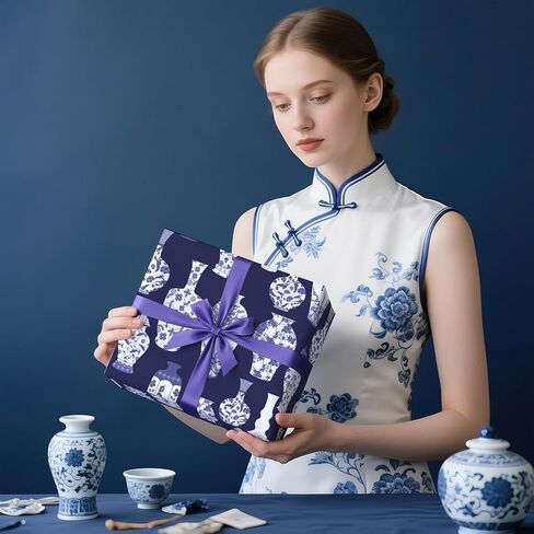 ملفوفات غلاف زنجبيل غلاف زنجبيل التفاف - لفة صغيرة - 17 بوصة × 16.5 قدم - ورقة تغليف chinoiserie الأزرق والأبيض مثالية لعيد الميلاد ، الزفاف ، دش الزفاف in Saudi Arabia