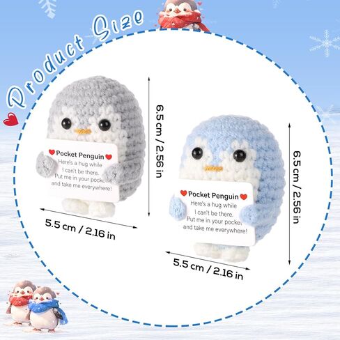Pocket Penguin Hug, 2.6 Inch Knitted Penguin Toy with Encouragement Card, Fun for Friends and Family, Birthday Party Gift, Decoration (Gray, Blue), 12686 in Saudi Arabia