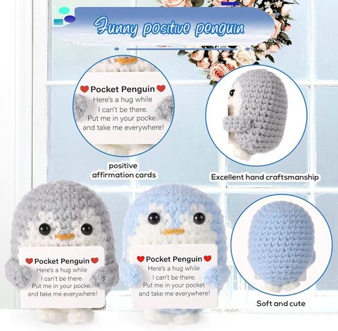 Pocket Penguin Hug, 2.6 Inch Knitted Penguin Toy with Encouragement Card, Fun for Friends and Family, Birthday Party Gift, Decoration (Gray, Blue), 12686 in Saudi Arabia