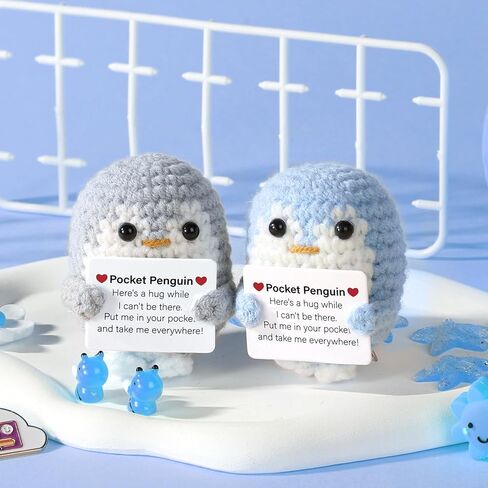 Pocket Penguin Hug, 2.6 Inch Knitted Penguin Toy with Encouragement Card, Fun for Friends and Family, Birthday Party Gift, Decoration (Gray, Blue), 12686 in Saudi Arabia