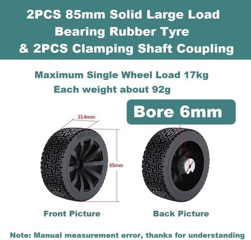 2PCS 85mm Dia Solid Large Load Bearing Rubber Tyre & 2PCS 6mm Bore Clamping Hexagonal Shaft Coupling Suitable for Remote Controlled RC Smart Car Robot Wheel Tyres and Toy Car Wheel in Kuwait
