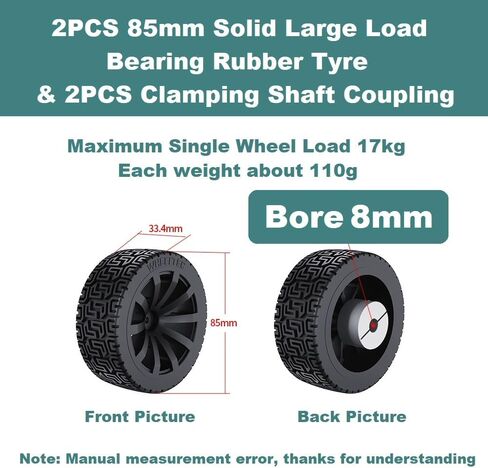 2PCS 85mm Dia Solid Large Load Bearing Rubber Tyre & 2PCS 6mm Bore Clamping Hexagonal Shaft Coupling Suitable for Remote Controlled RC Smart Car Robot Wheel Tyres and Toy Car Wheel in Kuwait