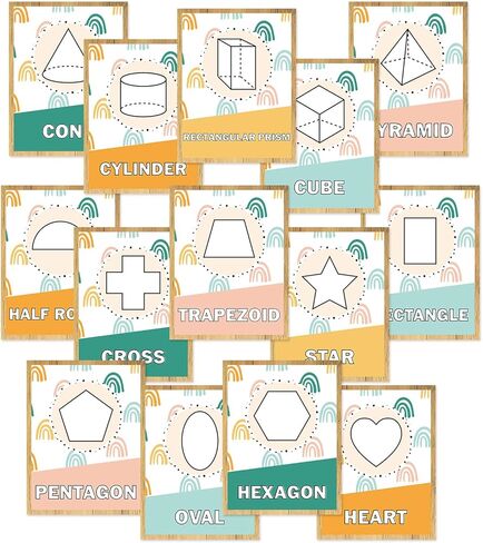 Fysuimu 14pcs Boho Rainbow Basic Fass Posters Early Learning Posters 2D و 3D Plassrame Poster Shapes Educations Chart for Preschool Ristergarten Nursery in Kuwait
