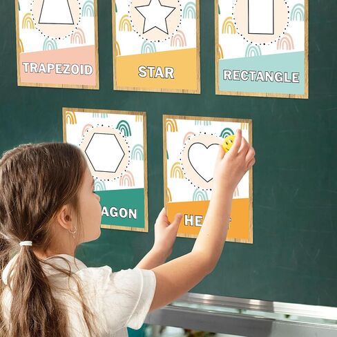 Fysuimu 14pcs Boho Rainbow Basic Fass Posters Early Learning Posters 2D و 3D Plassrame Poster Shapes Educations Chart for Preschool Ristergarten Nursery in Kuwait
