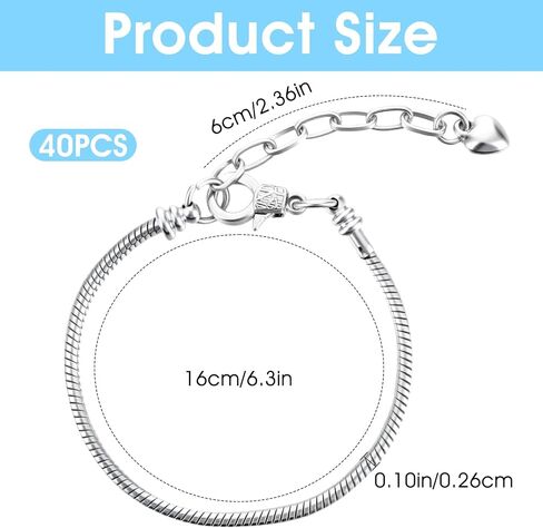 40 Pcs Snake Chain Charm Bracelet Adjustable Snake Charm Bracelet with Heart Lobster Clasp Extender Chain for Women Jewelry Making DIY Gifts Supplies in Saudi Arabia