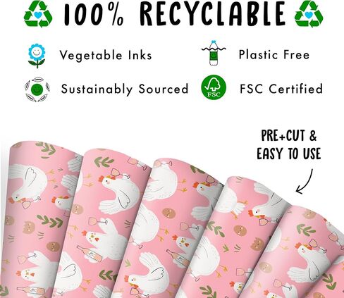 CENTRAL 23 Chicken Wrapping Paper - 6 Sheets Of Pink Gift Wrap For Women - Chickens Drinking Wine - Farm Animal - Funny Wrapping Paper Birthday Bridal Shower - Recyclable in Saudi Arabia