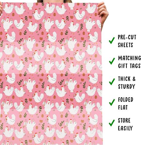CENTRAL 23 Chicken Wrapping Paper - 6 Sheets Of Pink Gift Wrap For Women - Chickens Drinking Wine - Farm Animal - Funny Wrapping Paper Birthday Bridal Shower - Recyclable in Saudi Arabia