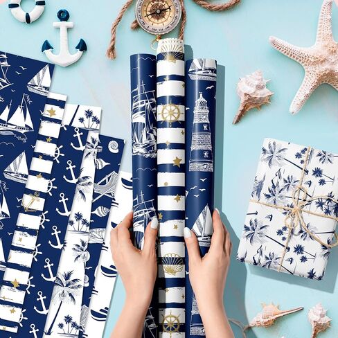 12 Sheets Nautical Gift Wrapping Paper 6 Design with Sailing Anchor Ropes Fish Seagulls Boats Lighthouses Striped Stars Palm Tree Pattern Pad for Birthdays,Weddings,Baby Showers & DIY Crafting 20 x 27 in Saudi Arabia