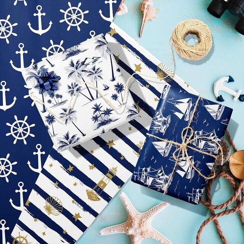 12 Sheets Nautical Gift Wrapping Paper 6 Design with Sailing Anchor Ropes Fish Seagulls Boats Lighthouses Striped Stars Palm Tree Pattern Pad for Birthdays,Weddings,Baby Showers & DIY Crafting 20 x 27 in Saudi Arabia