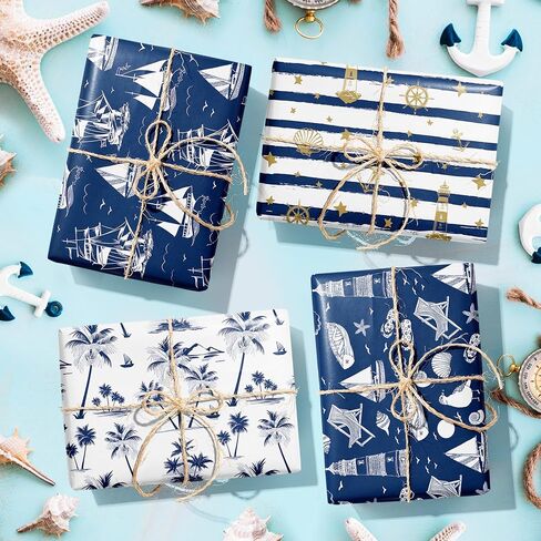 12 Sheets Nautical Gift Wrapping Paper 6 Design with Sailing Anchor Ropes Fish Seagulls Boats Lighthouses Striped Stars Palm Tree Pattern Pad for Birthdays,Weddings,Baby Showers & DIY Crafting 20 x 27 in Saudi Arabia