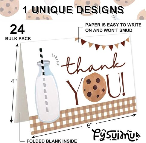 24 Pack Milk Cookie Thank You Cards Plaid Cookie Theme Greeting Cards with Envelopes Stickers Blank Note Card for Birthday Baby Shower Party Supplies, 4 x 6 Inch in Saudi Arabia