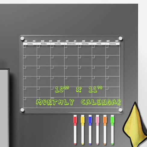 Acrylic Magnetic Dry Erase Calendar for Fridge Clear 40 * 30cm Vertical Monthly Whiteboard Planner Erasable Planning Board White 15" x 11" w/ 6 Color Wet Erase Marker in Saudi Arabia