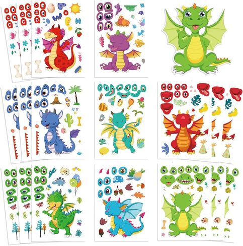24 ورقة ملصقات التنين تصنع ملصق التنين الخاص بك للأطفال ، والرسوم المتحركة Make-face Sticker Girls Boys Dragons Decorts Birthday Party Decorts ، Diy Dragons Craft Birthday Party (Long) in Kuwait