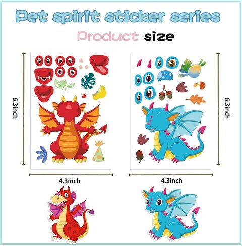 24 ورقة ملصقات التنين تصنع ملصق التنين الخاص بك للأطفال ، والرسوم المتحركة Make-face Sticker Girls Boys Dragons Decorts Birthday Party Decorts ، Diy Dragons Craft Birthday Party (Long) in Kuwait