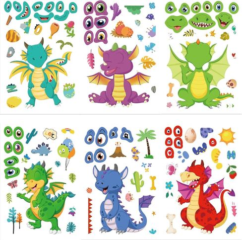 24 ورقة ملصقات التنين تصنع ملصق التنين الخاص بك للأطفال ، والرسوم المتحركة Make-face Sticker Girls Boys Dragons Decorts Birthday Party Decorts ، Diy Dragons Craft Birthday Party (Long) in Kuwait