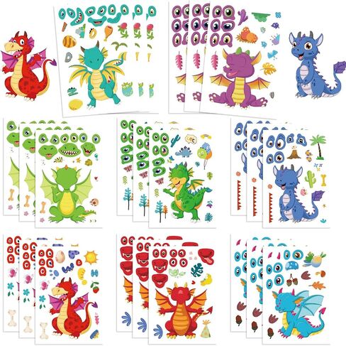 24 ورقة ملصقات التنين تصنع ملصق التنين الخاص بك للأطفال ، والرسوم المتحركة Make-face Sticker Girls Boys Dragons Decorts Birthday Party Decorts ، Diy Dragons Craft Birthday Party (Long) in Kuwait