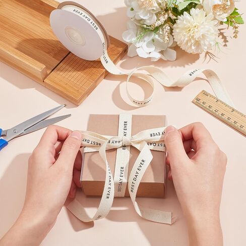NBEADS Cotton Herringbone Tape Ribbon, 5/8 Inch×9.84 Yards Yay Ribbon Word Print Ribbon for Gift Wrapping Bowknot Making Birthday Christmas Decoration, Beige in Saudi Arabia