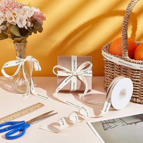 NBEADS Cotton Herringbone Tape Ribbon, 5/8 Inch×9.84 Yards Yay Ribbon Word Print Ribbon for Gift Wrapping Bowknot Making Birthday Christmas Decoration, Beige in Saudi Arabia