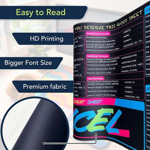 Excel Cheat Sheet Desk Desk ، وسادة فأر Excel كبيرة للمكتب مقاومة للمكاتب المكتبية مع حافة مخيط وقاعدة مضادة للانزلاق (ملونة) in Saudi Arabia