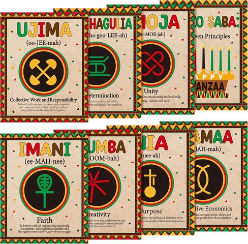 ملصق Watinc Kwanzaa مع سبعة مبادئ - 8pcs زخارف الفصول الدراسية الأمريكية الإفريقية ، مواد التعلم في دراسة Happy Kwanzaa Bulletin Decor in Saudi Arabia