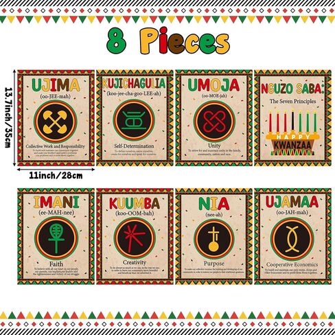 ملصق Watinc Kwanzaa مع سبعة مبادئ - 8pcs زخارف الفصول الدراسية الأمريكية الإفريقية ، مواد التعلم في دراسة Happy Kwanzaa Bulletin Decor in Saudi Arabia