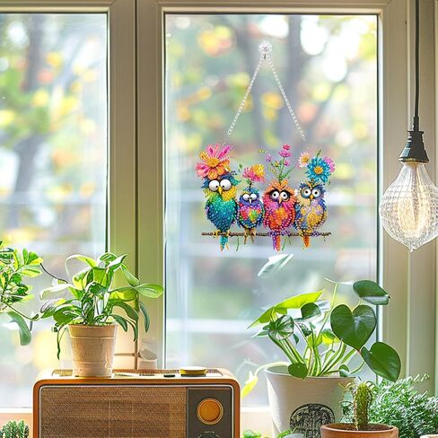 Diamond Art Kit for Adult, 5D Diamond Art Painting Window Pendants Home Garden Wall Hanging Kits Hanging Ornament, DIY Acrylic Double Sided Ornaments (Bird) in Kuwait