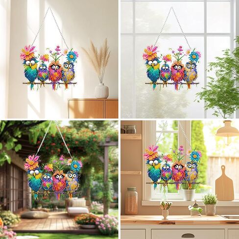 Diamond Art Kit for Adult, 5D Diamond Art Painting Window Pendants Home Garden Wall Hanging Kits Hanging Ornament, DIY Acrylic Double Sided Ornaments (Bird) in Kuwait