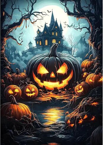 MXJSUA Halloween Pumpkins DIY Diamond Painting Kits للبالغين ، اللوحة الفنية للأحجار الكريمة للمبتدئين ، صورة مسكونة الماس مع هدية حفر مستديرة كاملة ، 12 × 16 بوصة in Saudi Arabia