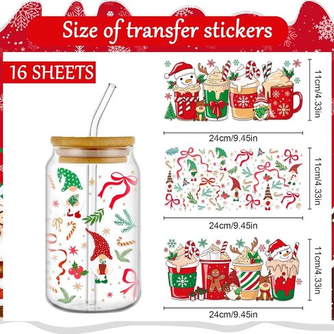 Christmas UV DTF Cup Wrap - 8 Sheets Merry Christmas UV DTF Cup Wraps for 16 oz, Gnome Candy Hot Cocoa Uvdtf Decals, Waterproof Rub on Transfer Stickers for Glass in Saudi Arabia
