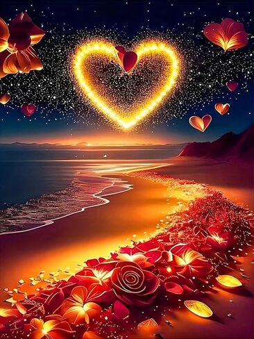 5D Diamond Painting Kids for البالغين ، Love Heart on the Beach Landscape Diamond Art للمبتدئين ، Red Rose Beach DIY Full Drill Diremond Dots Gem Gem Craft Home Decor in Kuwait
