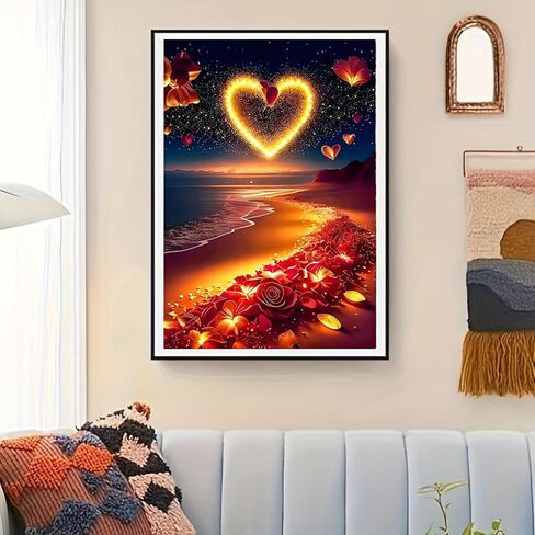 5D Diamond Painting Kids for البالغين ، Love Heart on the Beach Landscape Diamond Art للمبتدئين ، Red Rose Beach DIY Full Drill Diremond Dots Gem Gem Craft Home Decor in Kuwait