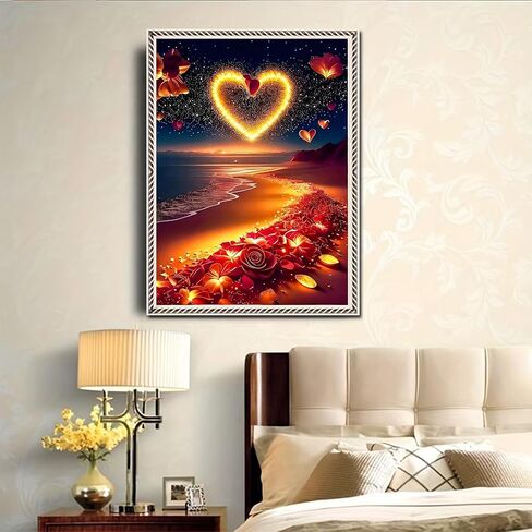 5D Diamond Painting Kids for البالغين ، Love Heart on the Beach Landscape Diamond Art للمبتدئين ، Red Rose Beach DIY Full Drill Diremond Dots Gem Gem Craft Home Decor in Kuwait
