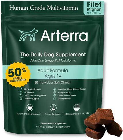 ARTERRA LENGEVITY Multivitamin للكلاب-مكونات نشطة بنسبة 50 ٪-مضغ ناعم يوميًا من أجل الأمعاء والدماغ والصحة المفاصل-المكملات من الدرجة البشرية | 30 العد in Saudi Arabia